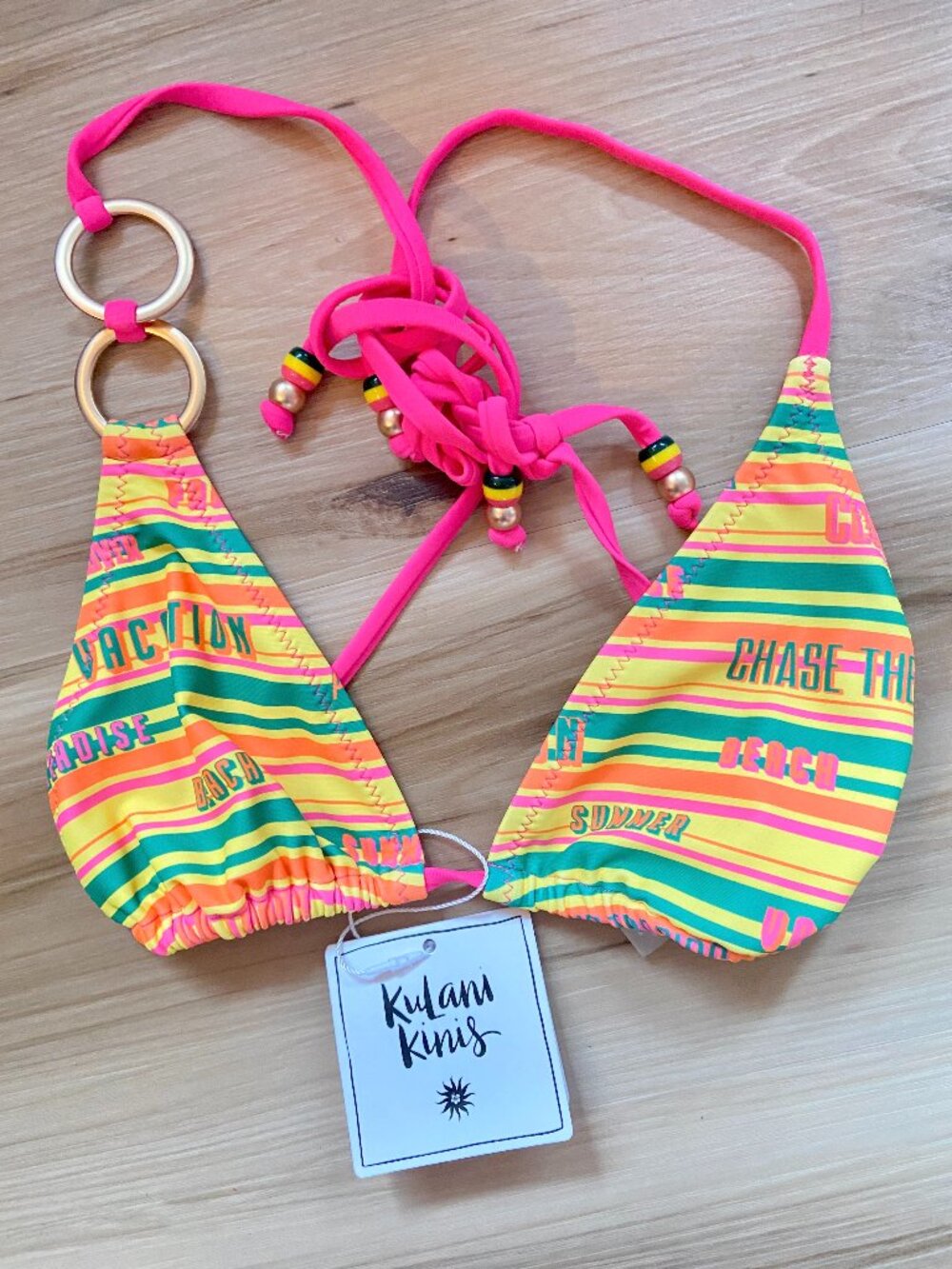 Kulani Kinis Duo Ring Halter Striped Bikini Top - Sunshine Lover - Medium NWT